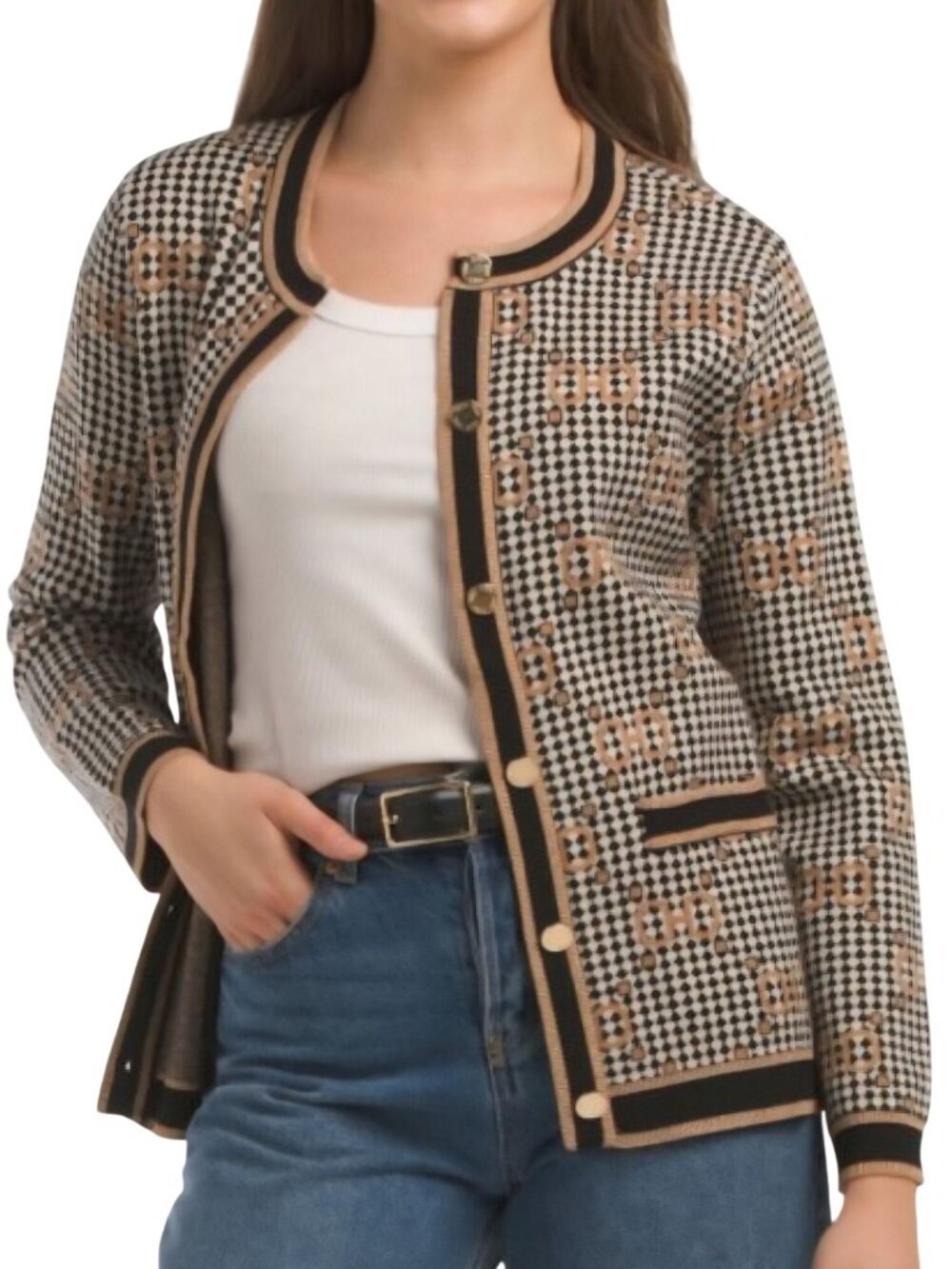 Anne Klein NWOT Long Sleeve Tipped Cardigan Lady Jacket Metallic Trim Size L